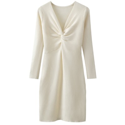 Pure Color V-neck Slim Knit Sweater Dress