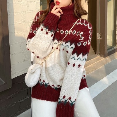 Colorblock Turtleneck Sweater Casual Pants Two Pieces Set