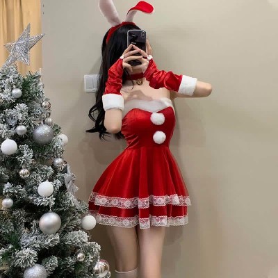 Christmas Cosplay Double Lace Fuzzy Ball Off The Shoulder Dress