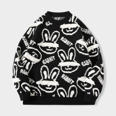 Cartoon Rabbit Letter Print Round Collar Sweater