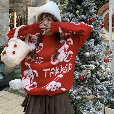 Cute Bunny Letter Print Round Collar Red Knit Sweater
