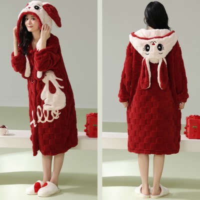 Cute Cartoon Bunny Embroidery Hooded Plush Pajamas