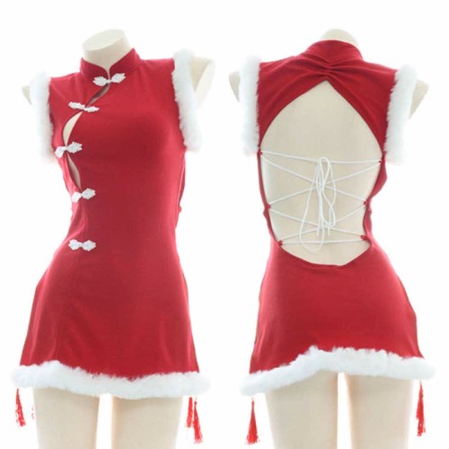 Hollow Out Lace Up Tassel Split Cheongsam Dress