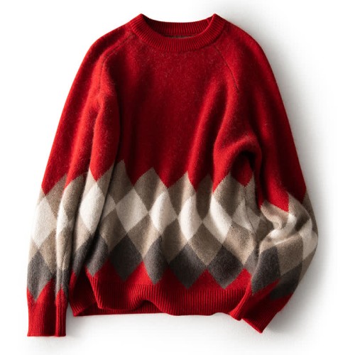 Vintage Rhombus Pattern Print Round Collar Sweater