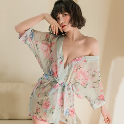 Floral Print Deep V-neck See Through Kimono Lingerie Dress