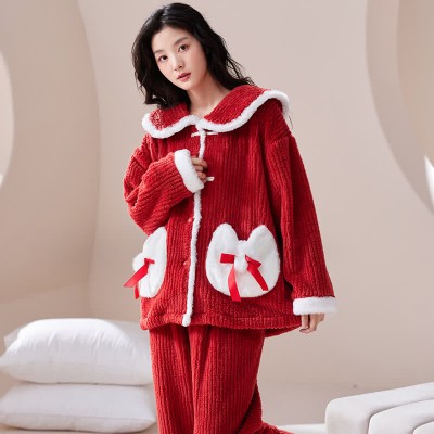 Vintage Buckle Pocketed Lapel Plush Pajamas Set