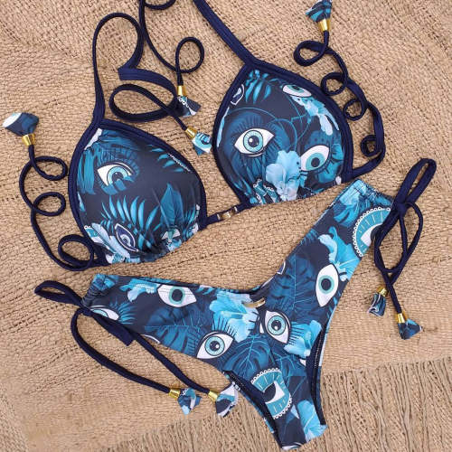Fashionable retro pattern tassel split bikini
