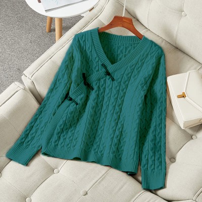 Vintage V-neck Cross Button Textured Sweater
