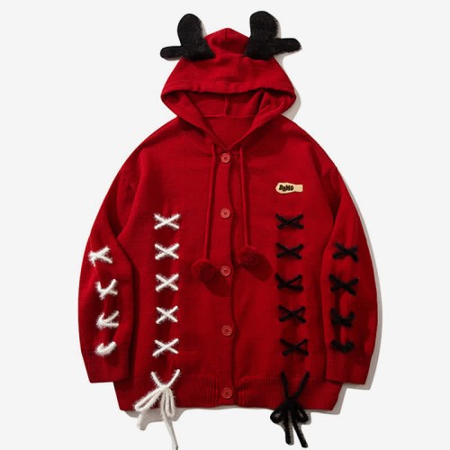 Antler Lace Up Hooded Loose Cardigan Sweater