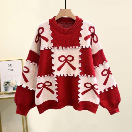 Bow Knot Print Colorblock Sweater Plaid Pleated Skirt Two Pieces Set
