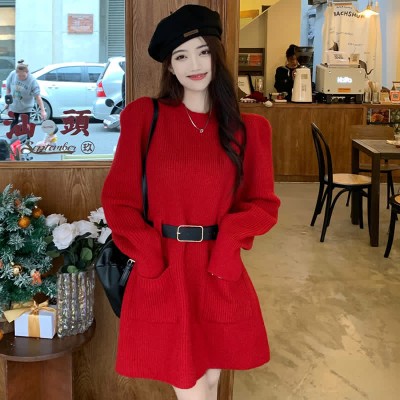 Pure Color Round Collar Belted Slim Knit Sweater Dress