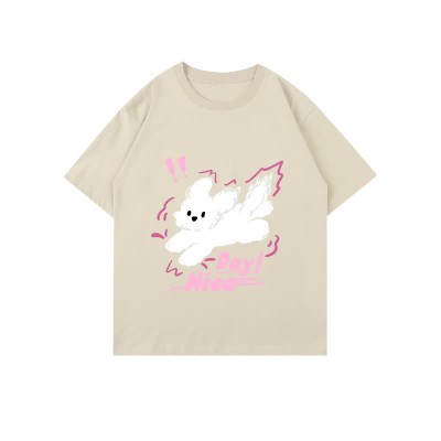 Cartoon Puppy Letter Print Round Collar Oversized T-Shirt