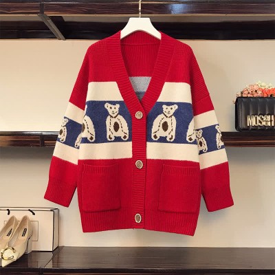 Lovely Cartoon Bear Print Colorblock Pocket Knit Sweater Cardigan