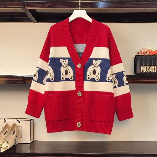 Lovely Cartoon Bear Print Colorblock Pocket Knit Sweater Cardigan