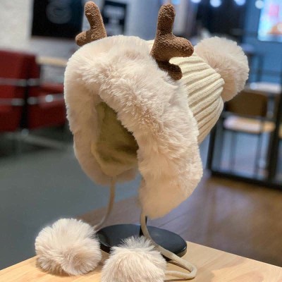 Lovely Deer Antler Fuzzy Ball Plush Hat