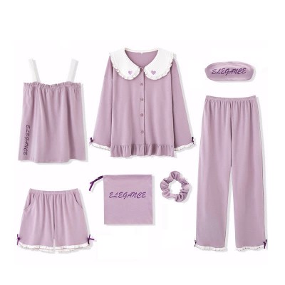 Cartoon Print Doll Collar Pajamas Seven Pieces Set With Breast Pads