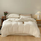 Solid Color Cotton Crinkled Gauze Duvet Cover Bed Sheet Set with Fringe Edges
