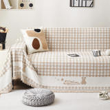 Retro Gingham Pattern Chenille with Decorative Tassels Throw Couch Cover