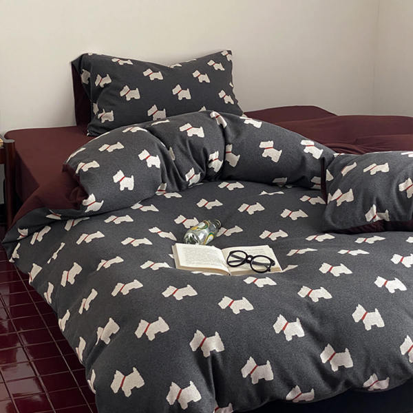 Cute Puppy Jacquard Knit Cotton Duvet Cover Bed Sheet Set