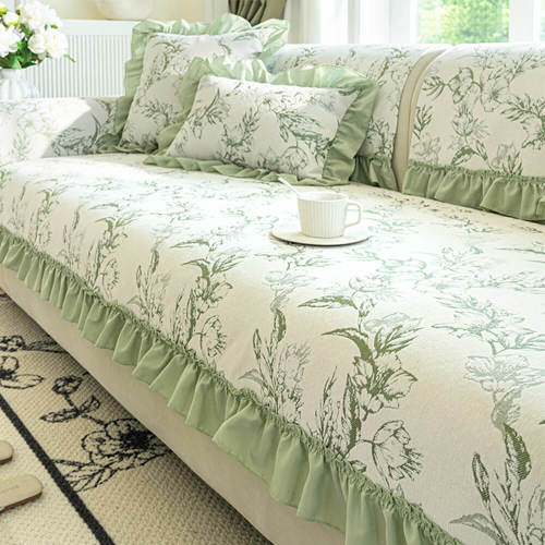 Chenille Floral Ruffle Design Anti-Slip Couch Cover