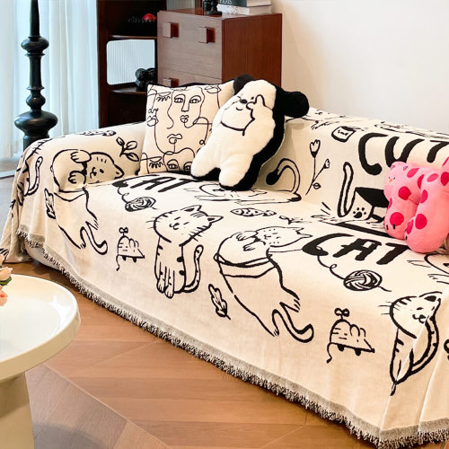 Cute Hand-Drawn Cat Pattern Reversible Chenille Throw Couch Cover