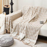 Retro Gingham Pattern Chenille with Decorative Tassels Throw Couch Cover
