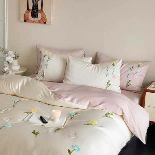 Romantic Floral Embroidered Brushed Cotton Duvet Cover Bed Sheet Set