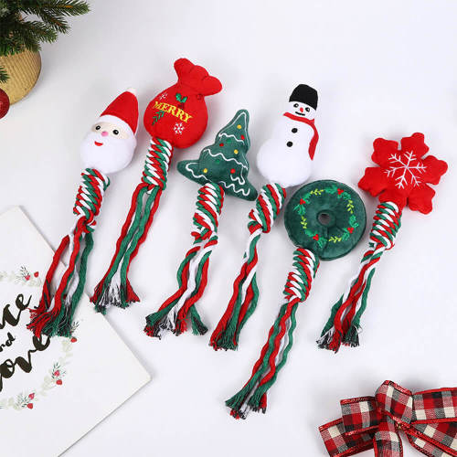 Christmas Linen Cotton Rope Teeth Cleaning Interactive Plush Dog Toy