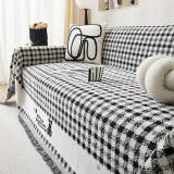 Retro Gingham Pattern Chenille with Decorative Tassels Throw Couch Cover