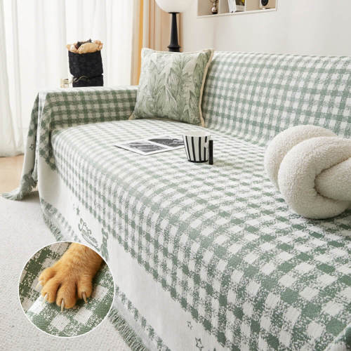 Retro Gingham Pattern Chenille with Decorative Tassels Throw Couch Cover