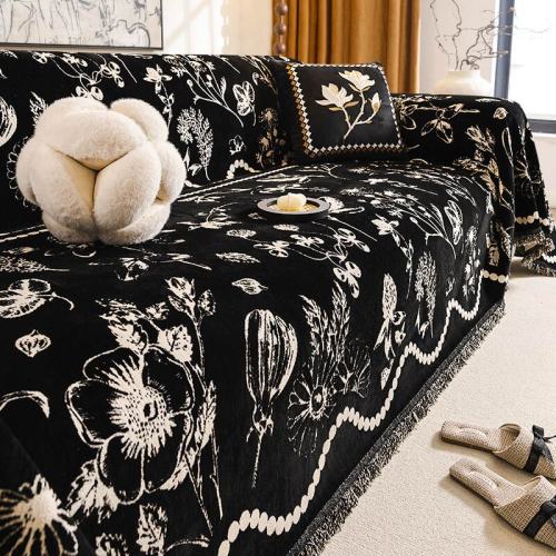 Chenille Floral Art with Tassel Edge Non-Slip Throw Couch Cover