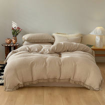 Solid Color Cotton Crinkled Gauze Duvet Cover Bed Sheet Set with Fringe Edges