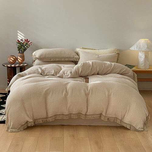 Solid Color Cotton Crinkled Gauze Duvet Cover Bed Sheet Set with Fringe Edges