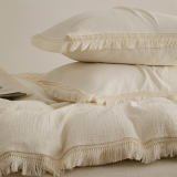 Solid Color Cotton Crinkled Gauze Duvet Cover Bed Sheet Set with Fringe Edges