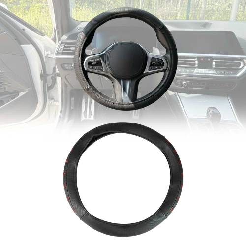 14.5-15.5’’ Steering Wheel Cover Red Stitches Leather Anti-slip Breathable