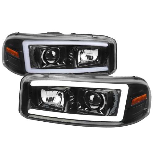 2000-2006 GMC Sierra/Denali/Yukon LED Strip Projector Headlights Glossy Black