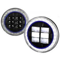 Universal 7 Round Cree LED Blue Rim Halo Projector Headlights - 2PC Matt Black