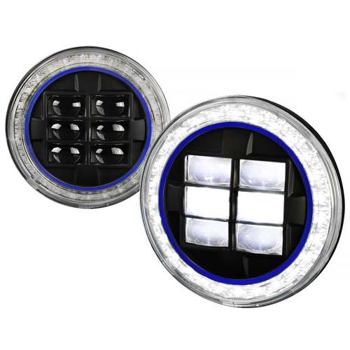 Universal 7 Round Cree LED Blue Rim Halo Projector Headlights - 2PC Matt Black