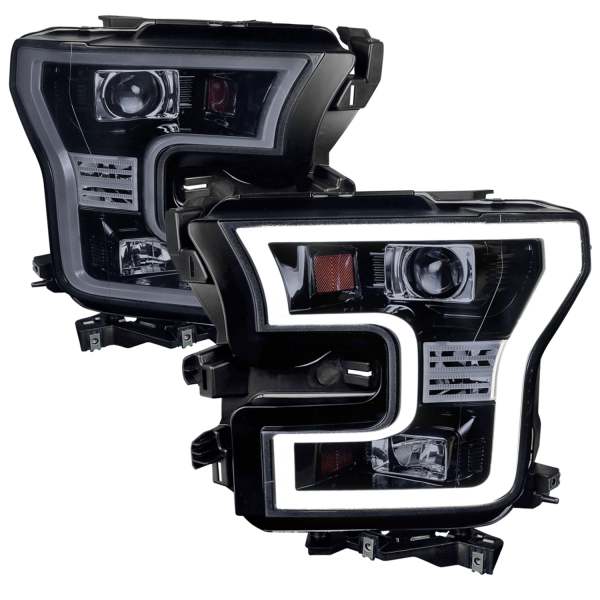 2015-2017 Ford F-20150 LED Bar Outline Projector Headlights Glossy Black/Smoke