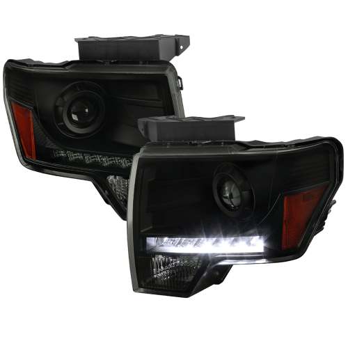2009-2014 Ford F-20150 Projector Headlights w/ LED Light Strip Black/Smoke Lens