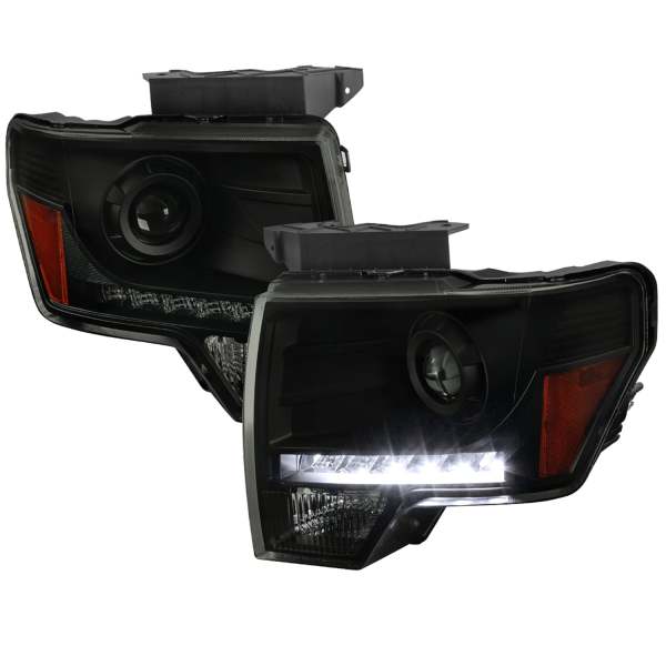 2009-2014 Ford F-20150 Projector Headlights w/ LED Light Strip Black/Smoke Lens