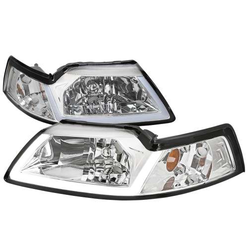 1999-2004 Ford Mustang LED Bar Factory Headlights Amber Reflector Chrome