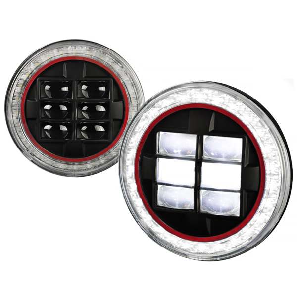 Universal 7 Round Cree LED Red Rim Halo Projector Headlights - 2PC Matt Black
