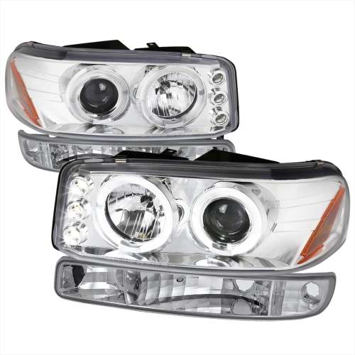 1999-2006 GMC Sierra/Yukon XL/SLT Dual Halo Headlights&Bumper Lights Chrome