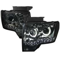 2009-2014 Ford F-20150 U-Ring Halo Projector Headlights LED Light Chrome Smoke