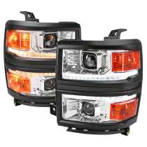 2014-2015 Chevy Silverado 1500 LED Bar Projector Headlights Chrome/Black Trim