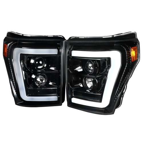 2011-2016 F-250/350/450/550 LED C-Bar Projector Headlights Jet Black/Clear