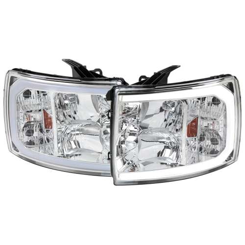 2007-2013 Chevy Silverado 1500 2500HD 3500HD C-Bar Headlights Amber & Chrome