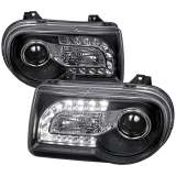 2005-2010 Chrysler 300 Projector Headlights w/LED Light Strip Matt Black/Clear
