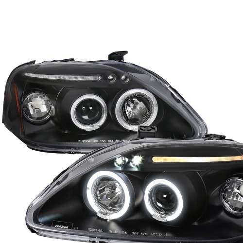 1999-2000 Honda Civic Dual Halo Projector Headlights Matte Black/Clear Lens